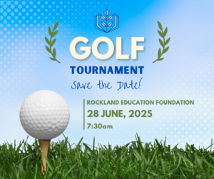 save the date for the 2024 REF Golf Tournament image of a golfball sitting on a tee in green grass with a blue sky background