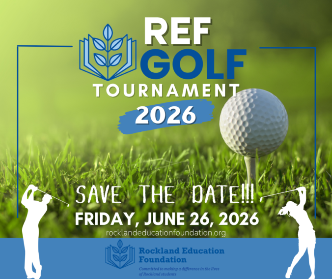Save the date announcement for the Rockland Education foundation July 26, 2026 background image is a lush green grass with a golf ball resting on a tee in the foreground.